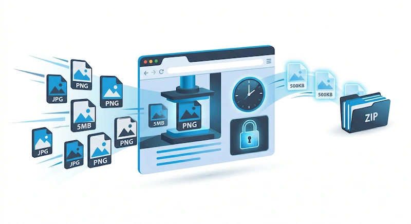 Illustration showing heavy JPG files being compressed into lightweight WebP files securely inside a browser window, saving up to 90% space.