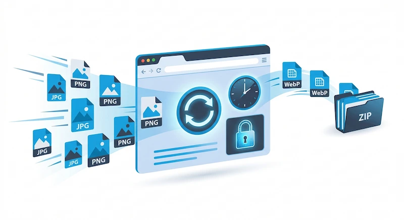 An illustration showcasing UpaiPic converter features: files fly from JPG/PNG format towards a browser interface with a lock and clock, transforming into optimized WebP files packaged in a ZIP archive.