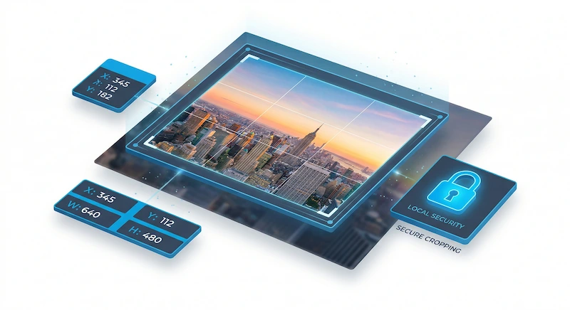 Digital illustration of a precise crop frame over an image, displaying pixel coordinates and a secure padlock symbol.
