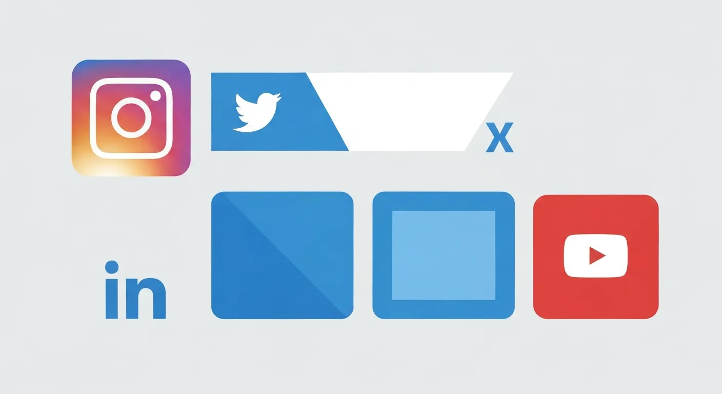 Grid of social media platform icons showing different image dimension ratios for Instagram, YouTube, TikTok, and LinkedIn.