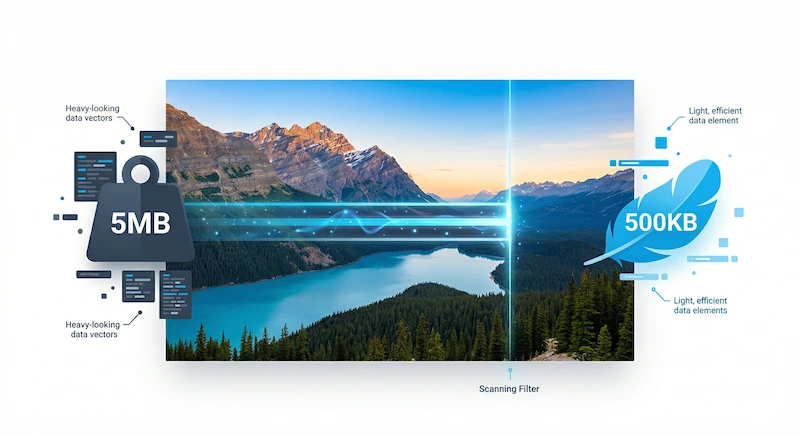 Illustration showing a heavy 5MB image being scanned by a digital filter, outputting an identical-looking lightweight 500KB image.