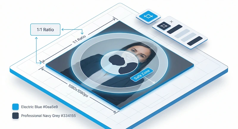 Illustration showing a square image with a circular crop mask overlay, highlighting the Safe Zone for social media avatars.