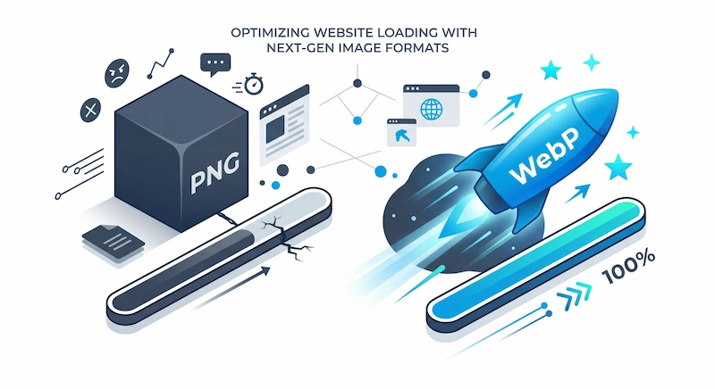 Conceptual illustration showing a heavy PNG file slowing down a loading bar, while a sleek WebP file instantly fills a loading bar to 100%.